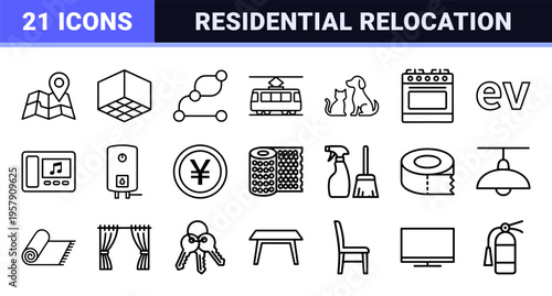 Residential Moving and Real Estate Logistics Minimalist Geometric Line Art Outline Symbols for Commercial Database Indexing