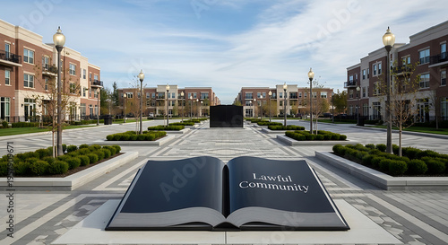 Large sculpture of an open book with lawful community text on cover in a modern urban plaza with buildings and street lamps  daytime