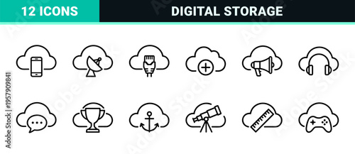 Cloud Computing Infrastructure and SaaS Network Technology Geometric Line Art Icon Set for Digital Storage and Data Management Software Interfaces