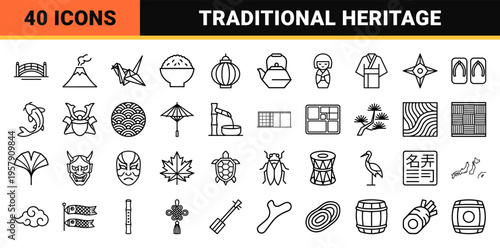 Japanese Cultural Heritage Minimalist Monoline Icon Set featuring Zen Garden, Pagoda, and Traditional Cuisine Symbols in Geometric Line Art.