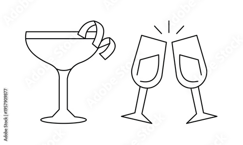 Cocktail glass with lemon twist and champagne flutes clinking for celebration party event icon. Editable stroke, Vector illustration, Line art Icon, Symbols.