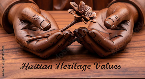 Wooden sculpture of two hands holding a flower on a wooden surface  Haitian heritage values symbol