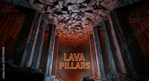 A dramatic rocky cavern with stone pillars and glowing lava in the background  LAVA PILLARS