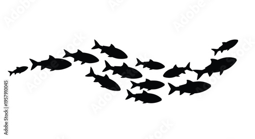 A school of black fish swim in a dynamic flowing pattern against a white background
