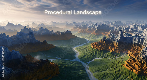 Aerial view of a mountainous landscape with a river running through it  scenic valley with rugged mountains and winding river  natural beauty