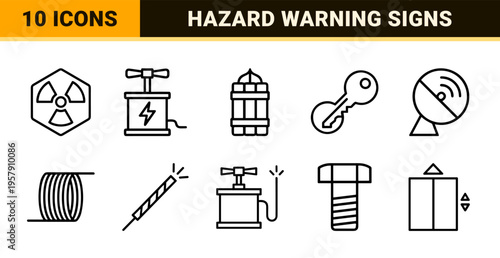 Hazardous Material and Demolition Safety Line Art Symbols Featuring Explosives Engineering and Industrial Warning Signs for Technical Manuals