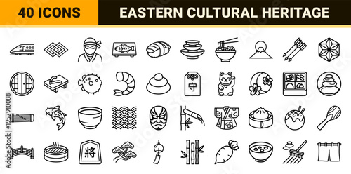 Japanese Cultural Heritage Symbols and Traditional Cuisine Elements in Minimalist Geometric Monoline Vector Outline Style for Brand Identity