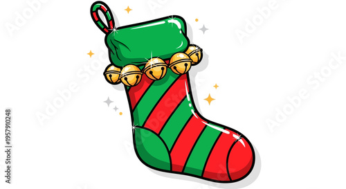 christmas stocking with bells and sparkles green red
