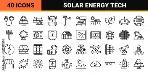 Solar Energy Technology and Renewable Power Infrastructure Minimalist Monoline Outline Icon Set for Sustainable Industry Web Interfaces