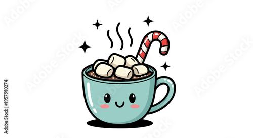 Kawaii hot chocolate with marshmallows and candy cane