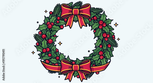 Christmas Wreath with Red Berries and Bows on Light Blue Background