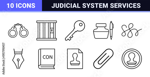 Law and Justice Judicial System Minimalist Monoline Vector Set for Legal Services Courthouse Authority and Legislative Compliance Concepts