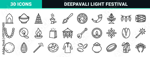 Diwali Festival Minimalist Monoline Icon Set Featuring Geometric Line Art Diya Lamps, Fireworks, Cultural Symbols, and Indian Sweets