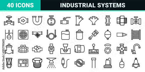 Industrial Piping and Plumbing Engineering Schematic Symbols, Minimalist Geometric Outline Line Art for Technical Infrastructure Mapping.