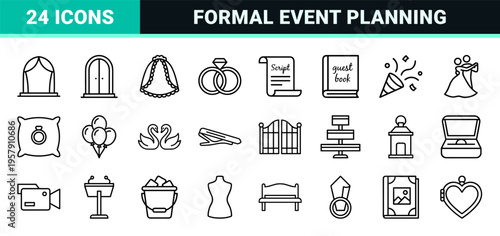 Minimalist Monoline Wedding Ceremony Icon Set with Clean Geometric Outlines for Sophisticated Event Planning and Matrimonial Stationery.