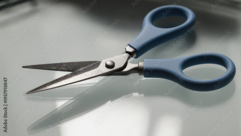 Obraz premium Small blue-handled scissors resting on a reflective white surface.