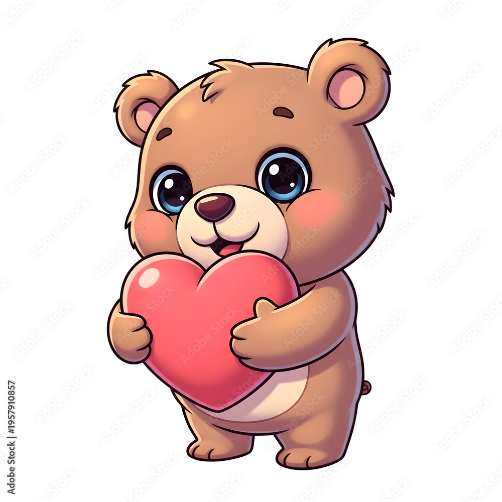 Fototapeta premium Cute brown cartoon teddy bear holding a pink heart, adorable character for Valentine's Day and love concepts