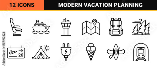Global Travel and Tourism Minimalist Monoline Outline Symbols for Modern Wayfinding and Digital Interface Design Navigation Systems