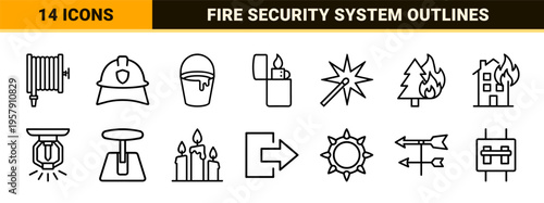 Fire Safety and Emergency Prevention System Symbols Featuring Minimalist Monoline Geometric Line Art for Industrial Security Applications