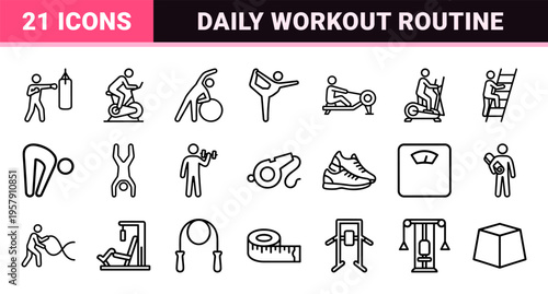 Minimalist Fitness Line Art Graphics featuring Exercise Positions and Gym Equipment for Sophisticated Wellness App Interface Design.