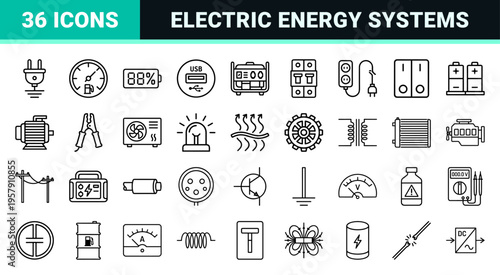 Minimalist Monoline Electric Power and Generator Line Art Icons for Industrial Energy Systems and Emergency Backup Solutions Design.
