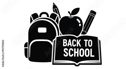 Back to school supplies illustration featuring a backpack apple and open book