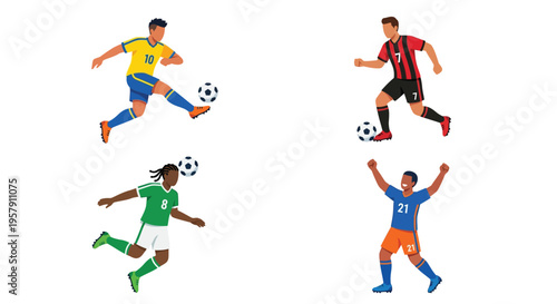 Four cartoon soccer players in action with different team jerseys