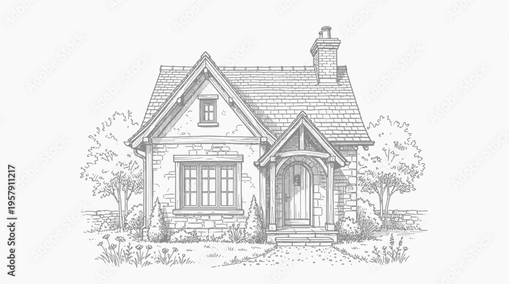 Obraz premium Detailed pencil sketch of a charming traditional cottage house with landscaping.