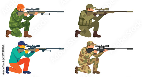 Four soldiers aiming sniper rifles in a cartoon illustration style