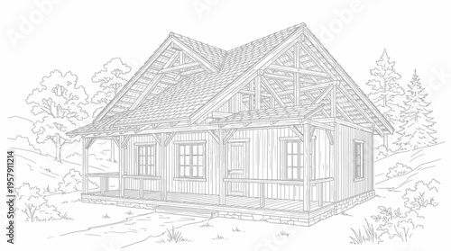 Detailed line drawing of a rustic single-story house with a large porch and exposed wooden beams, set against a natural landscape with trees and hills.