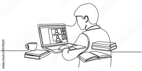 Continuous One Line Drawing of Man Having Video Conference Call