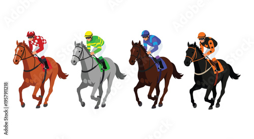 Four horse jockeys race side by side in a colorful illustration