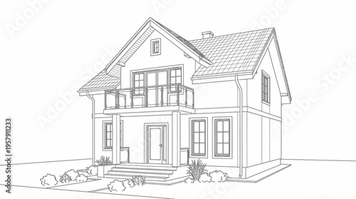 Architectural line drawing of a modern two-story family house with a pitched roof and balcony.