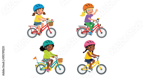 Four happy children riding bicycles with baskets all wearing helmets