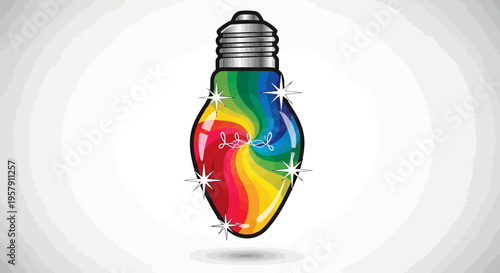 Colorful rainbow light bulb with sparkles and electricity
