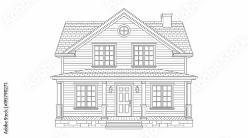Detailed line art drawing of a classic two-story residential house with a front porch and gable roof.