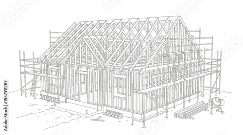 Line drawing of a house under construction with timber framing and scaffolding, illustrating the early stages of residential building.