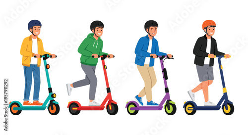 Four people riding colorful electric scooters on a white background
