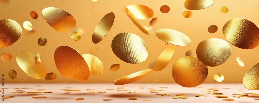 Naklejka premium Golden confetti falling over warm yellow background for festive celebration and party design