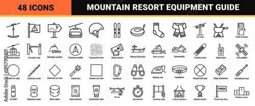 Alpine Winter Sports and Skiing Equipment Minimalist Monoline Geometric Line Art for Commercial Resort Navigation and App Interface.