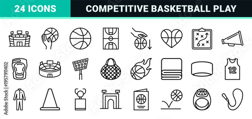 Basketball Sports Competition Minimalist Monoline Geometric Line Art Outline Icons for Athletic Tournament Coaching and Stadium Branding