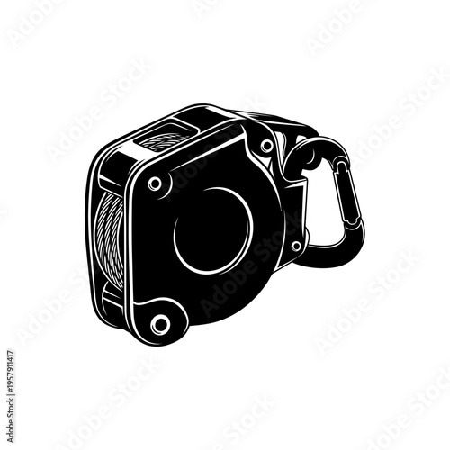 Fall Arrest Block Silhouette: Retractable Safety Lanyard for Industrial Height Protection, Construction Gear Vector Icon.