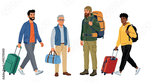 Four diverse men with luggage walking representing travel and different generations