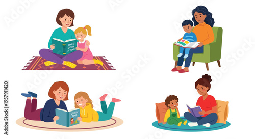 Family reading together mothers and children enjoying story time