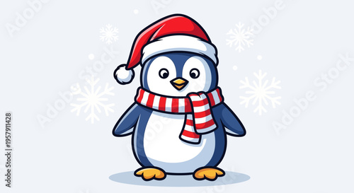 Cute cartoon penguin wearing Santa hat and scarf standing on ice snowflakes background Christmas holiday
