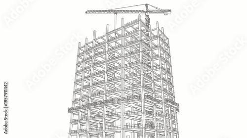 Wireframe drawing of a multi-story building under construction with a crane on top.
