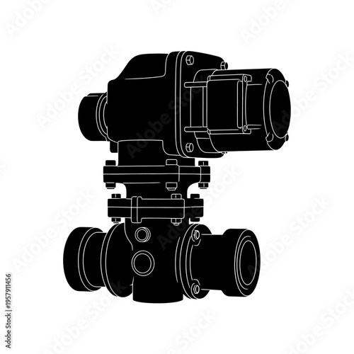 Zone Control Valve Silhouette: Motorized Pipe Fitting Vector for HVAC Automation and Industrial Plumbing Systems
