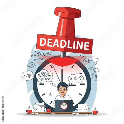 Stressed man faces a giant clock under a "DEADLINE" pushpin with scattered notes and equations