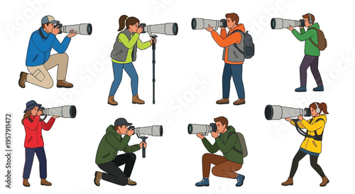 Diverse group of photographers capturing images with professional camera equipment