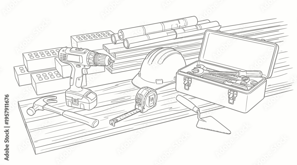 Fototapeta premium An assortment of construction tools and building materials including bricks, blueprints, a drill, hammer, and hard hat on wooden planks.